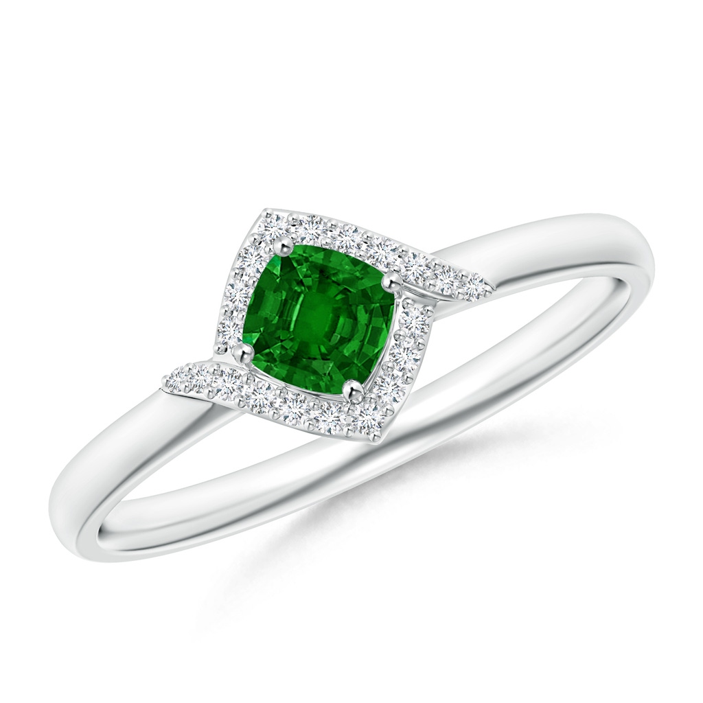 4mm AAAA Cushion Emerald and Diamond Halo Promise Ring in White Gold