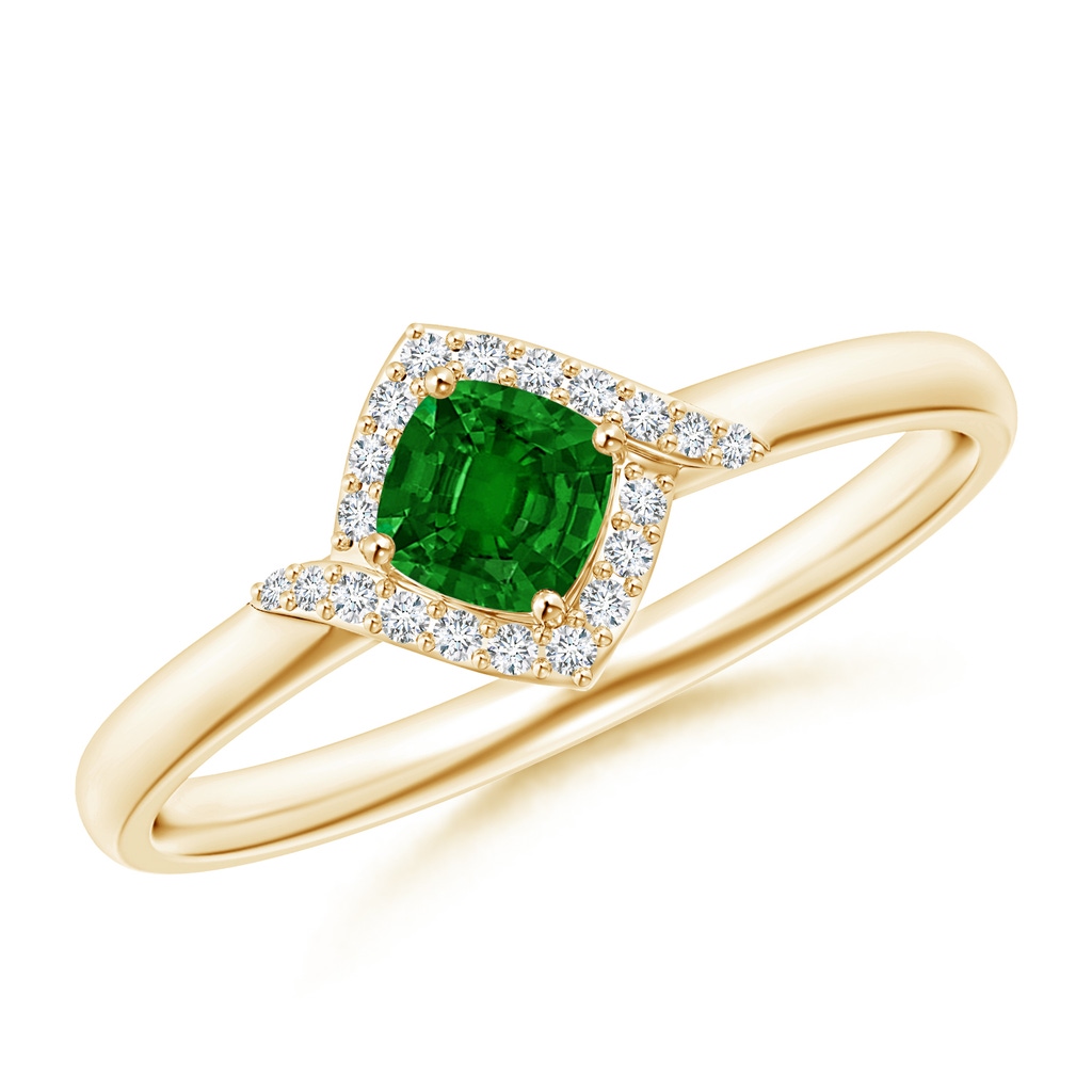 4mm AAAA Cushion Emerald and Diamond Halo Promise Ring in Yellow Gold