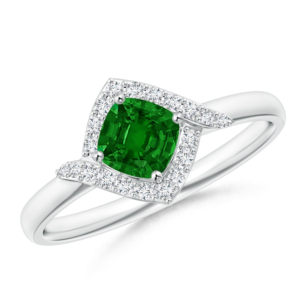 5mm AAAA Cushion Emerald and Diamond Halo Promise Ring in White Gold