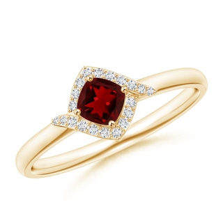 4mm AAAA Cushion Garnet and Diamond Halo Promise Ring in Yellow Gold