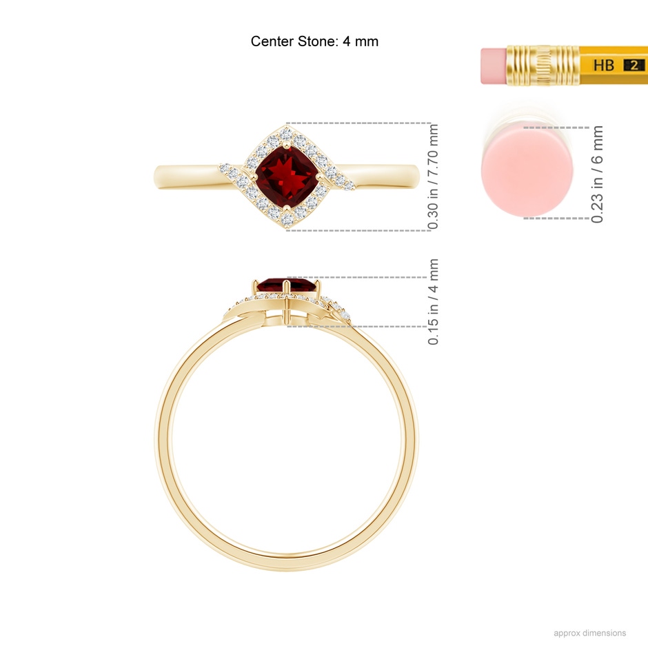 4mm AAAA Cushion Garnet and Diamond Halo Promise Ring in Yellow Gold ruler