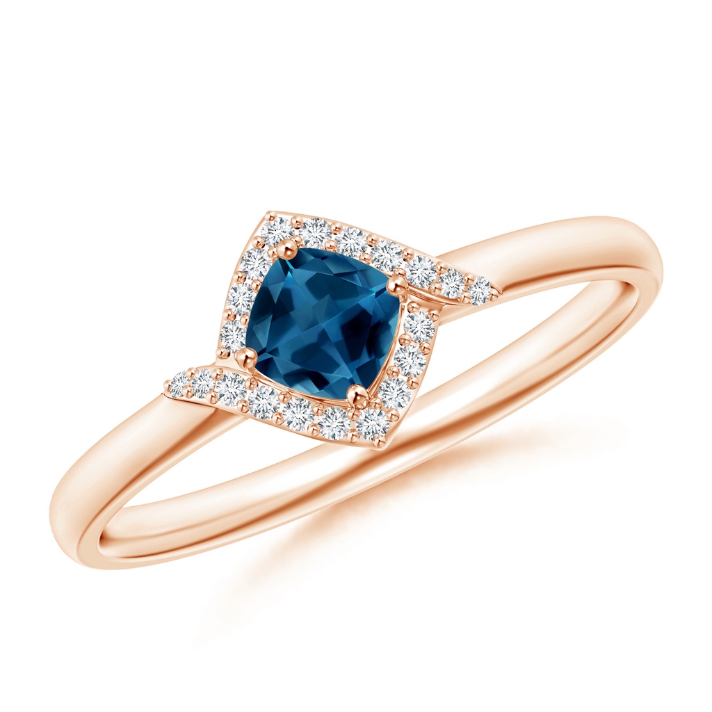4mm AAA Cushion London Blue Topaz and Diamond Halo Promise Ring in Rose Gold