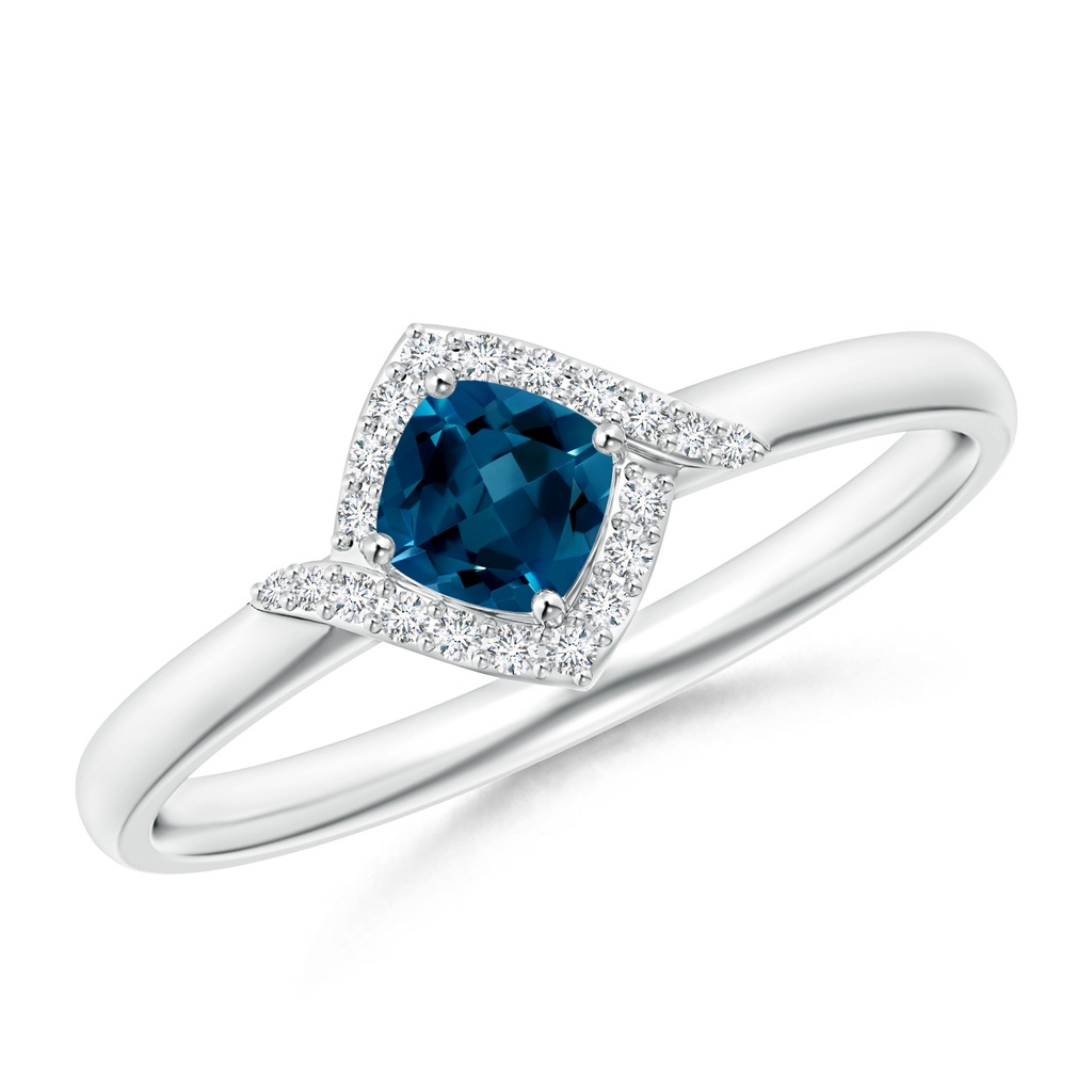 4mm AAAA Cushion London Blue Topaz and Diamond Halo Promise Ring in S999 Silver