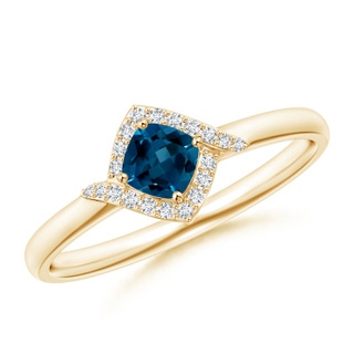 4mm AAAA Cushion London Blue Topaz and Diamond Halo Promise Ring in Yellow Gold