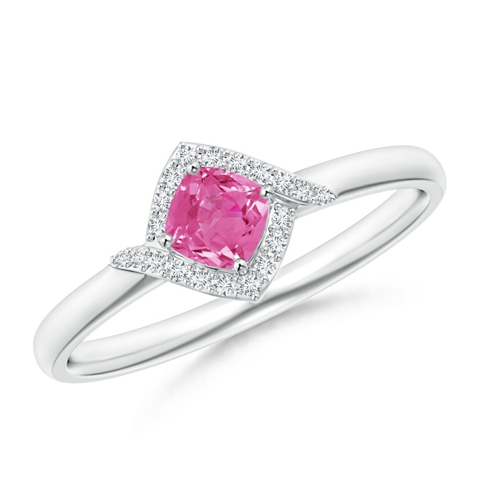 4mm AAA Cushion Pink Sapphire and Diamond Halo Promise Ring in White Gold 