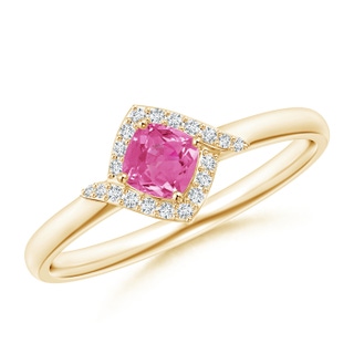 4mm AAA Cushion Pink Sapphire and Diamond Halo Promise Ring in Yellow Gold