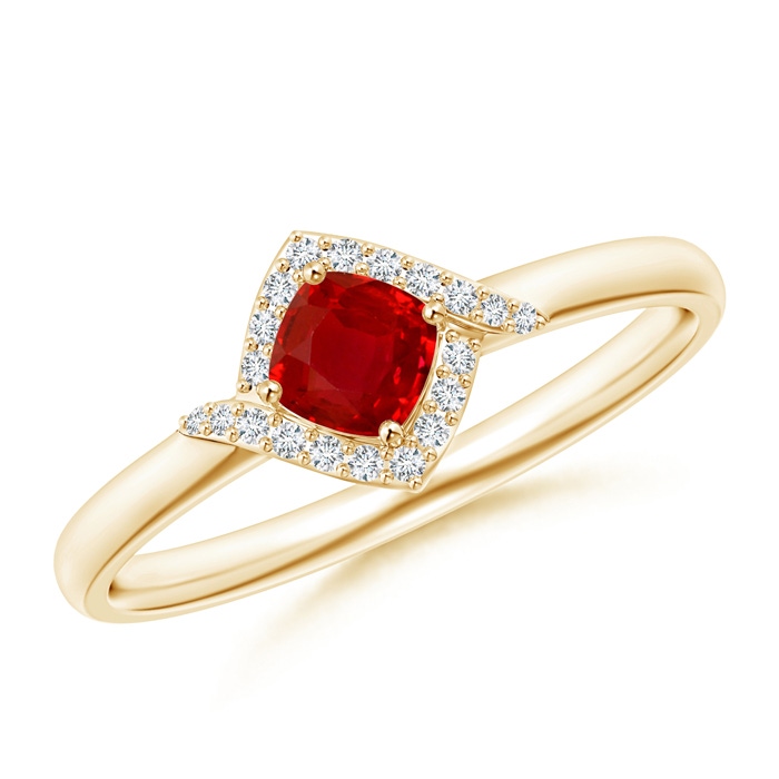 4mm AAA Cushion Ruby and Diamond Halo Promise Ring in Yellow Gold