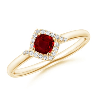 4mm AAAA Cushion Ruby and Diamond Halo Promise Ring in Yellow Gold
