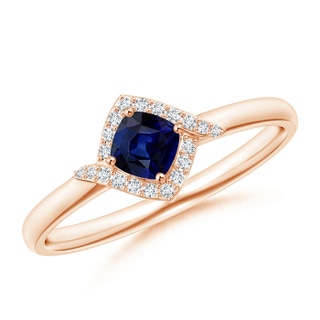 4mm AAA Cushion Blue Sapphire and Diamond Halo Promise Ring in Rose Gold