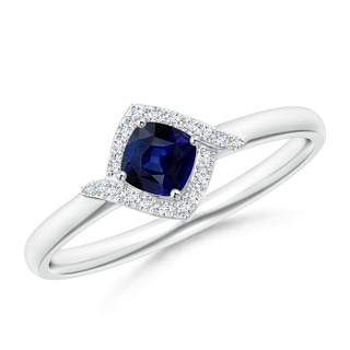 4mm AAA Cushion Blue Sapphire and Diamond Halo Promise Ring in White Gold