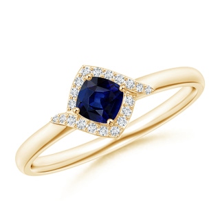 4mm AAA Cushion Blue Sapphire and Diamond Halo Promise Ring in Yellow Gold