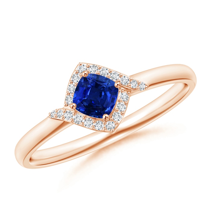 4mm AAAA Cushion Blue Sapphire and Diamond Halo Promise Ring in Rose Gold