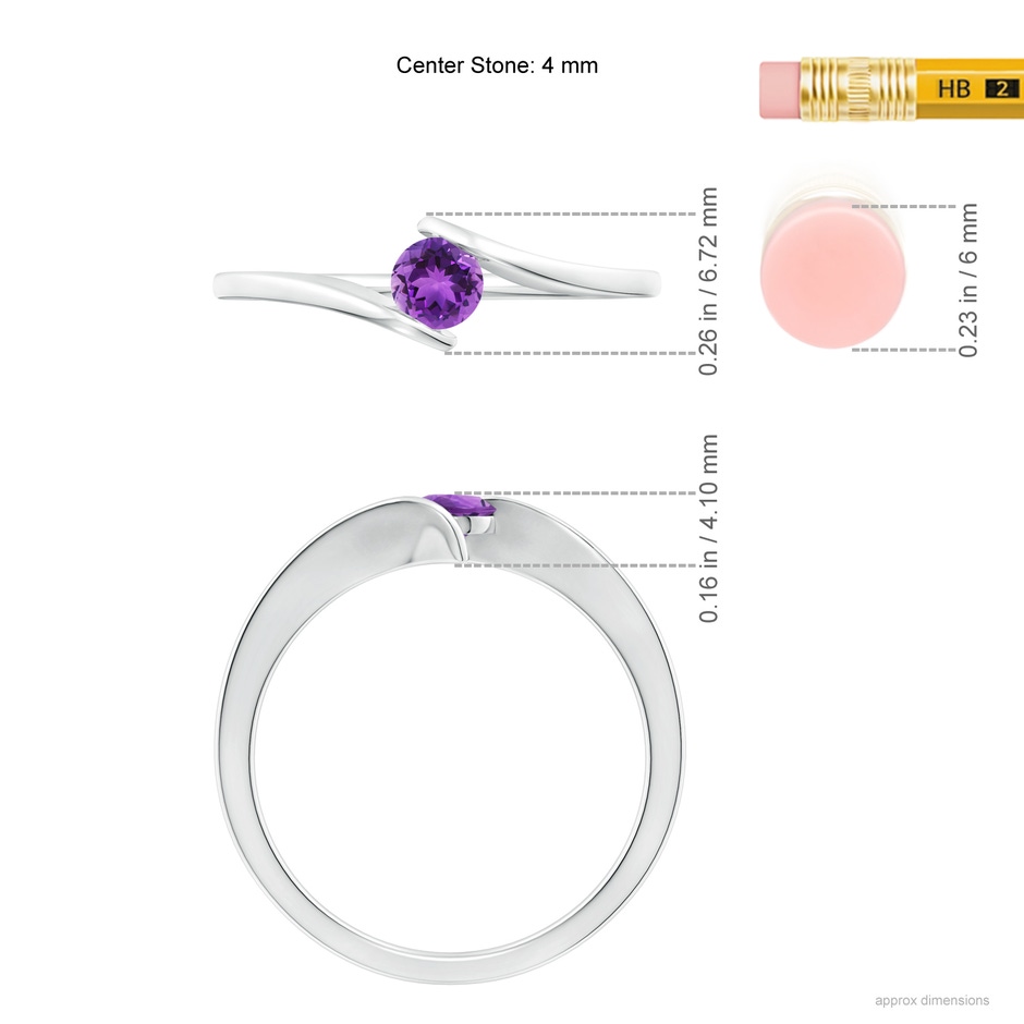 4mm AAA Bar-Set Solitaire Round Amethyst Bypass Ring in White Gold ruler