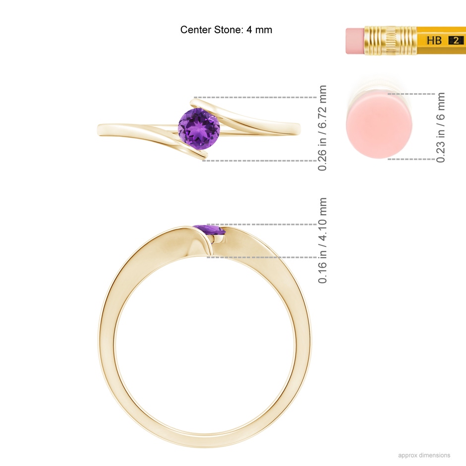 4mm AAA Bar-Set Solitaire Round Amethyst Bypass Ring in Yellow Gold ruler
