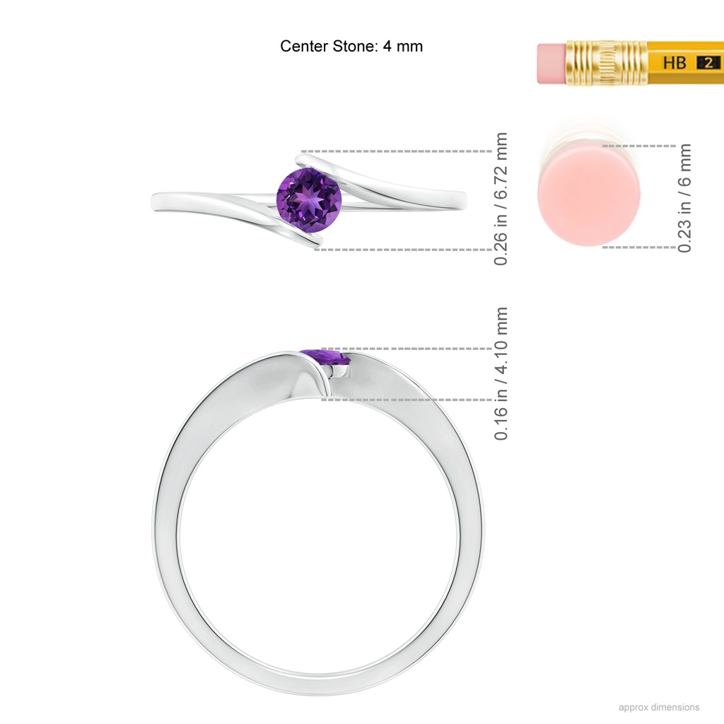 4mm AAAA Bar-Set Solitaire Round Amethyst Bypass Ring in P950 Platinum Ruler