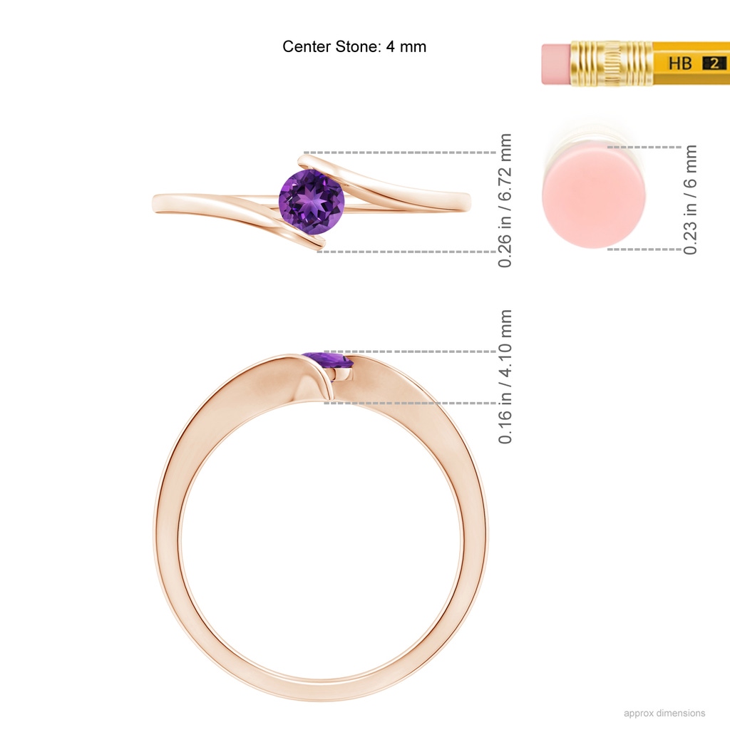 4mm AAAA Bar-Set Solitaire Round Amethyst Bypass Ring in Rose Gold Ruler
