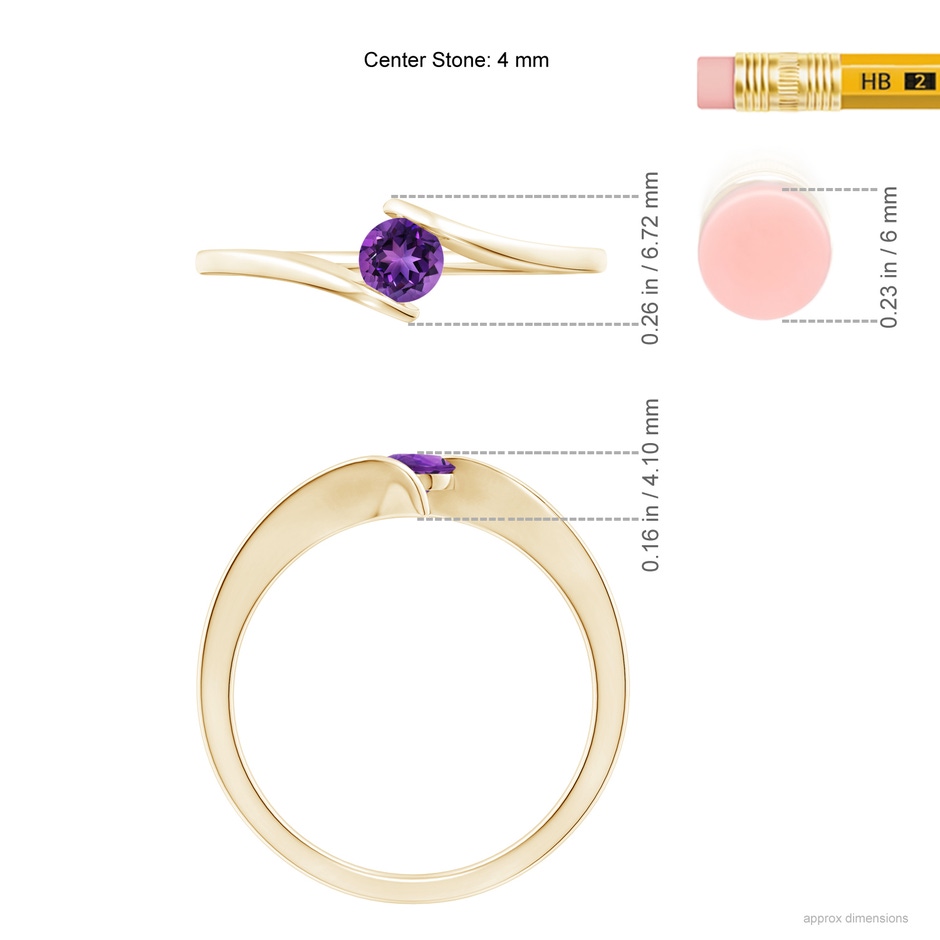 4mm AAAA Bar-Set Solitaire Round Amethyst Bypass Ring in Yellow Gold ruler