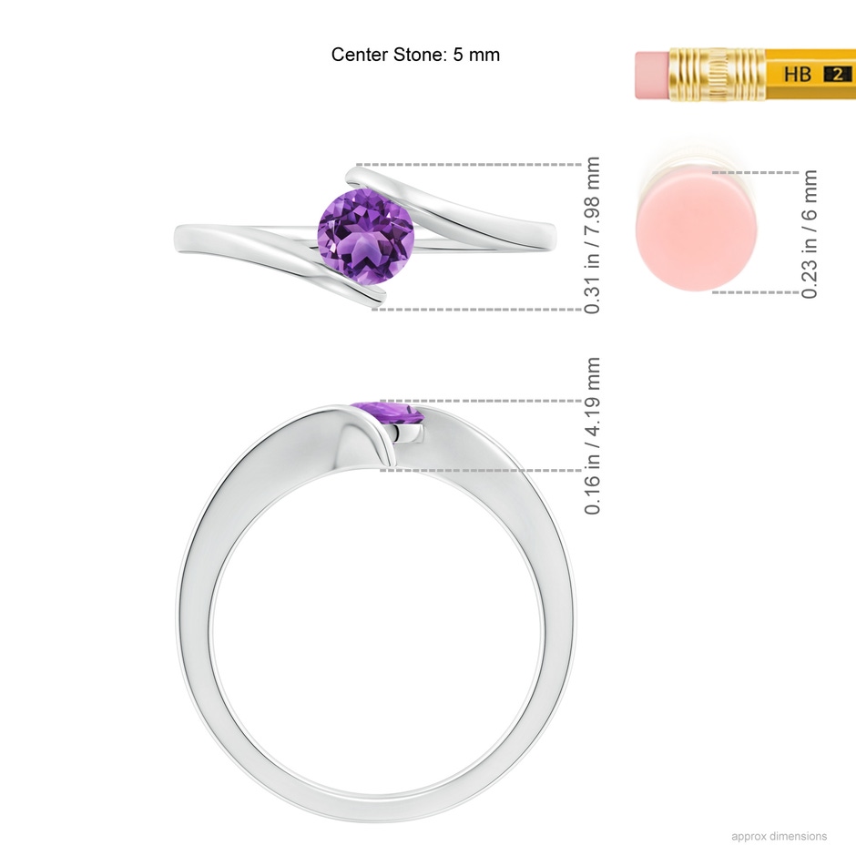 5mm AA Bar-Set Solitaire Round Amethyst Bypass Ring in S999 Silver ruler