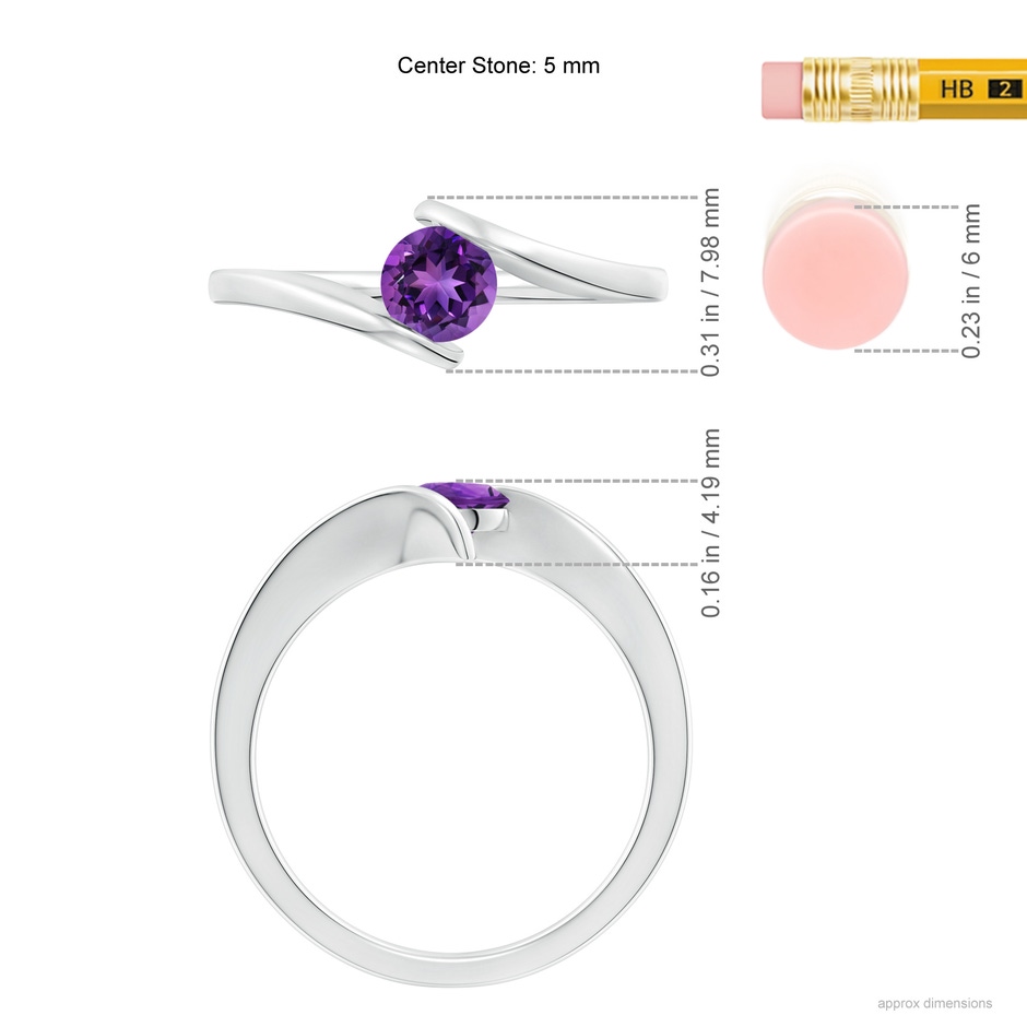 5mm AAAA Bar-Set Solitaire Round Amethyst Bypass Ring in White Gold ruler