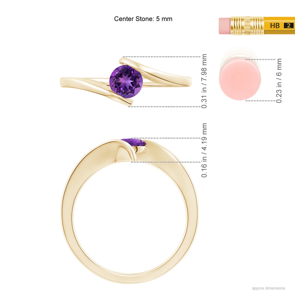 5mm AAAA Bar-Set Solitaire Round Amethyst Bypass Ring in Yellow Gold ruler