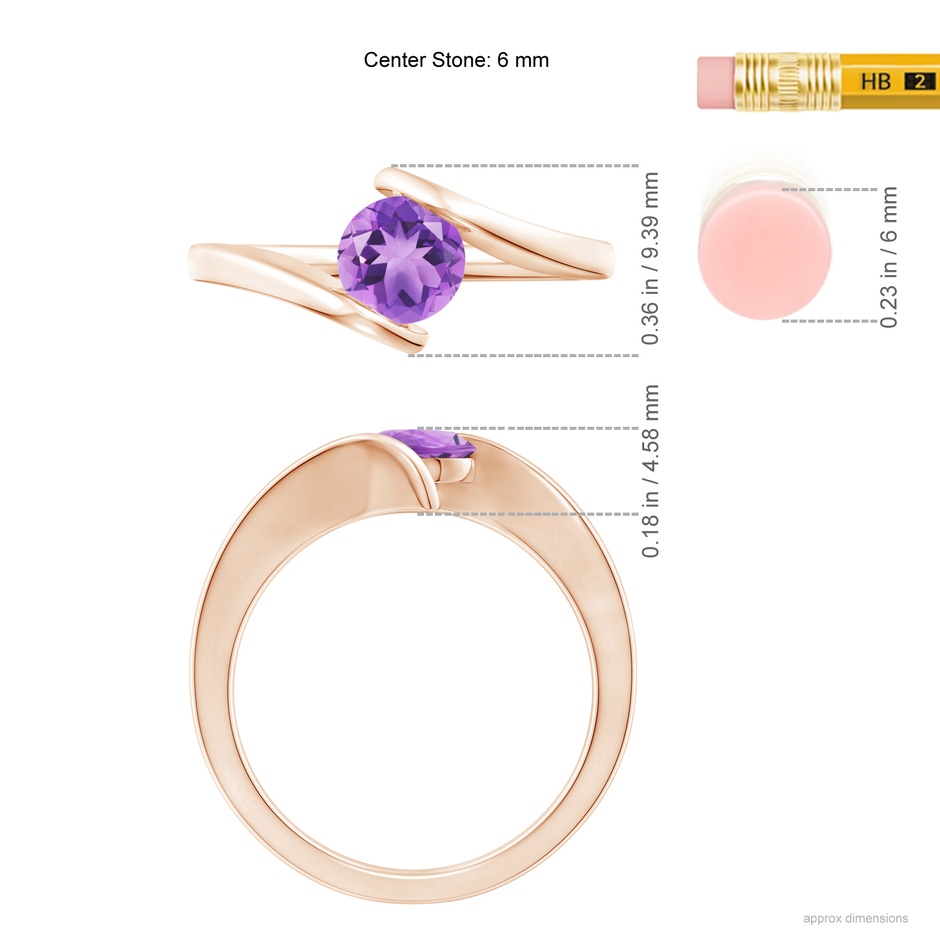 6mm A Bar-Set Solitaire Round Amethyst Bypass Ring in Rose Gold ruler