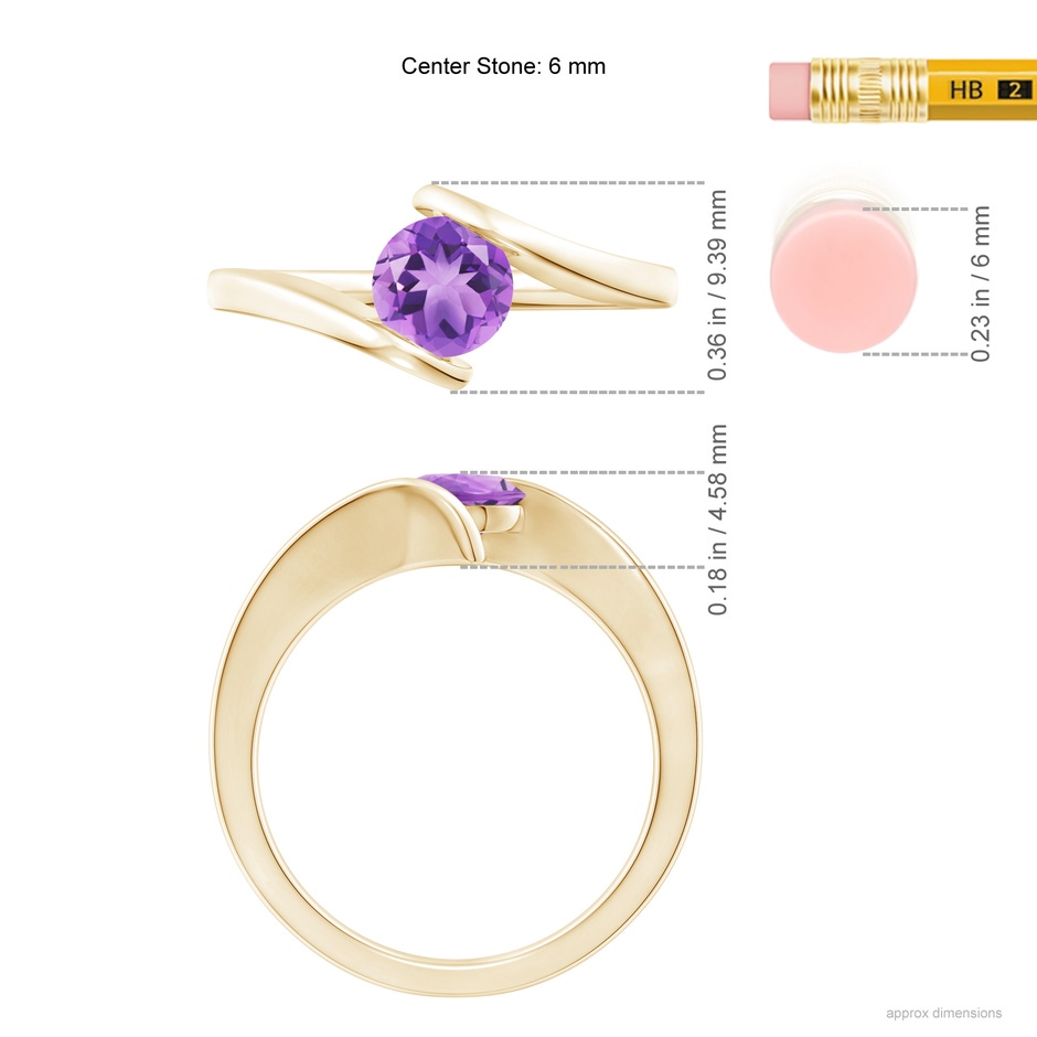 6mm A Bar-Set Solitaire Round Amethyst Bypass Ring in Yellow Gold ruler