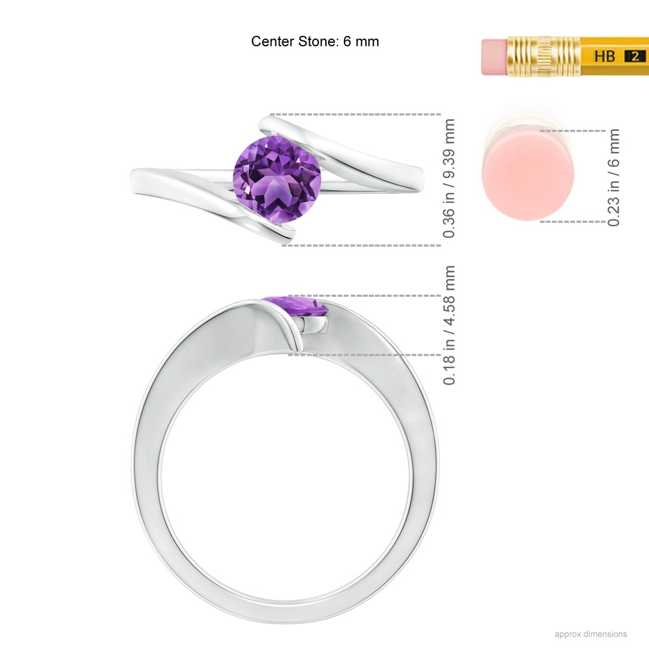 6mm AA Bar-Set Solitaire Round Amethyst Bypass Ring in White Gold ruler