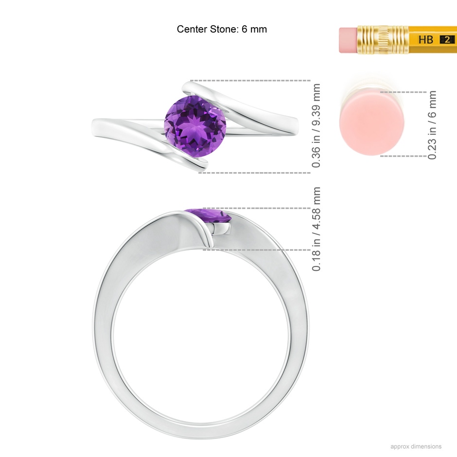 6mm AAA Bar-Set Solitaire Round Amethyst Bypass Ring in White Gold ruler