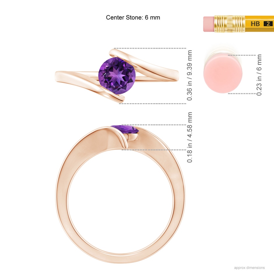 6mm AAAA Bar-Set Solitaire Round Amethyst Bypass Ring in Rose Gold ruler