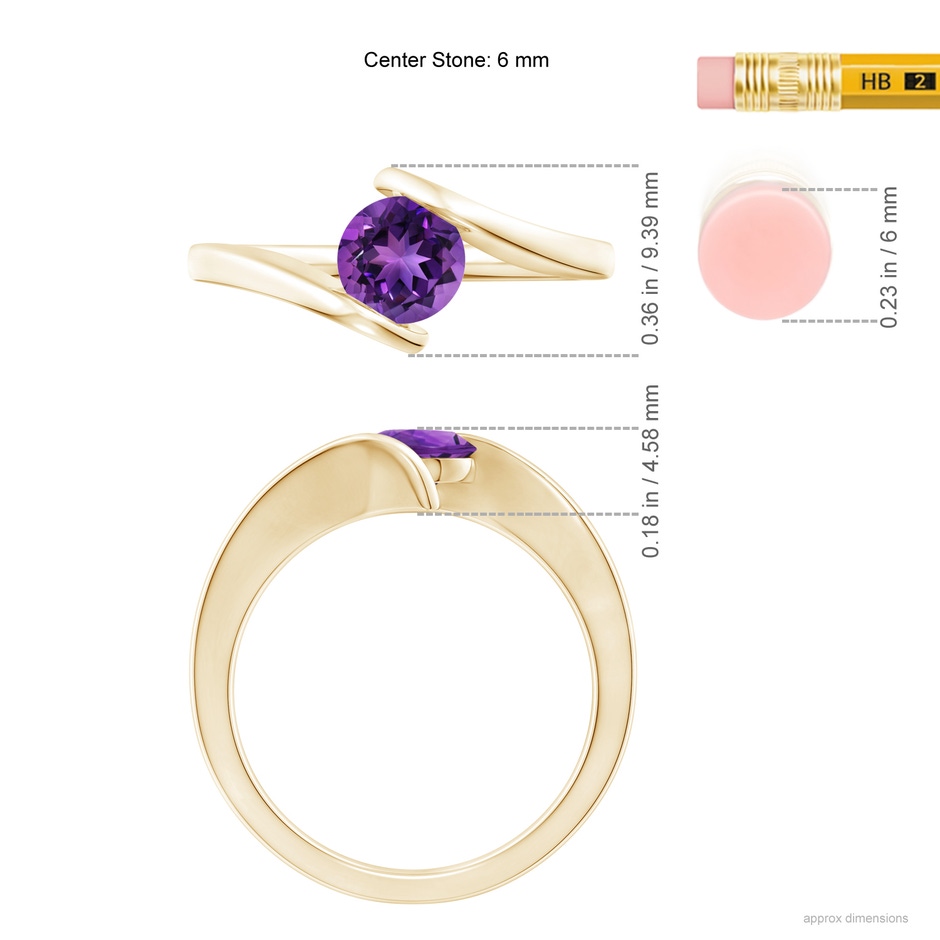 6mm AAAA Bar-Set Solitaire Round Amethyst Bypass Ring in Yellow Gold ruler
