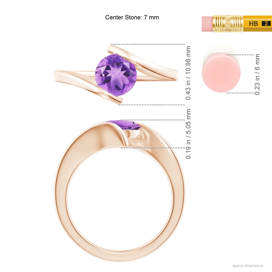 7mm A Bar-Set Solitaire Round Amethyst Bypass Ring in Rose Gold ruler