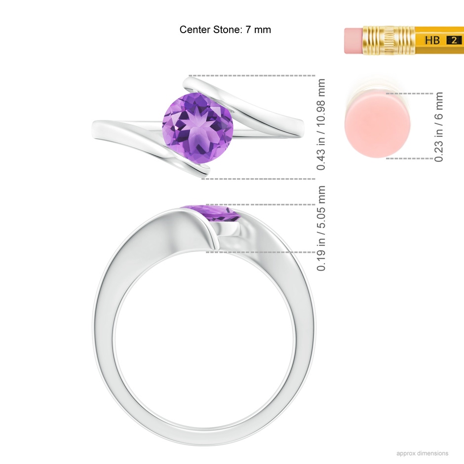7mm A Bar-Set Solitaire Round Amethyst Bypass Ring in S999 Silver ruler