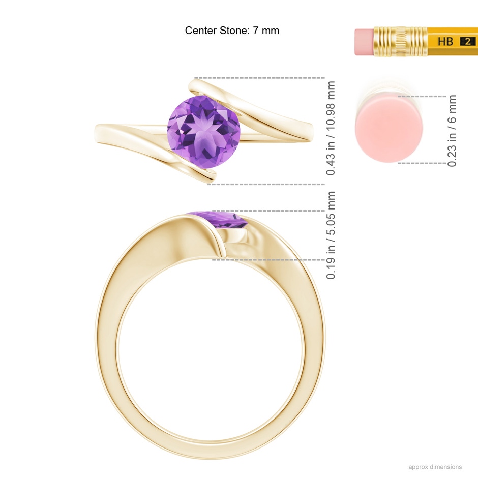 7mm A Bar-Set Solitaire Round Amethyst Bypass Ring in Yellow Gold ruler