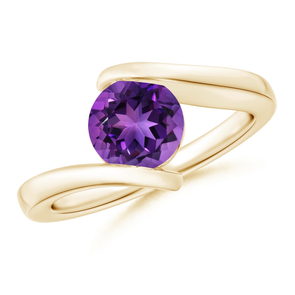 7mm AAAA Bar-Set Solitaire Round Amethyst Bypass Ring in 9K Yellow Gold 