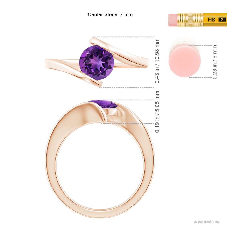 7mm AAAA Bar-Set Solitaire Round Amethyst Bypass Ring in Rose Gold ruler