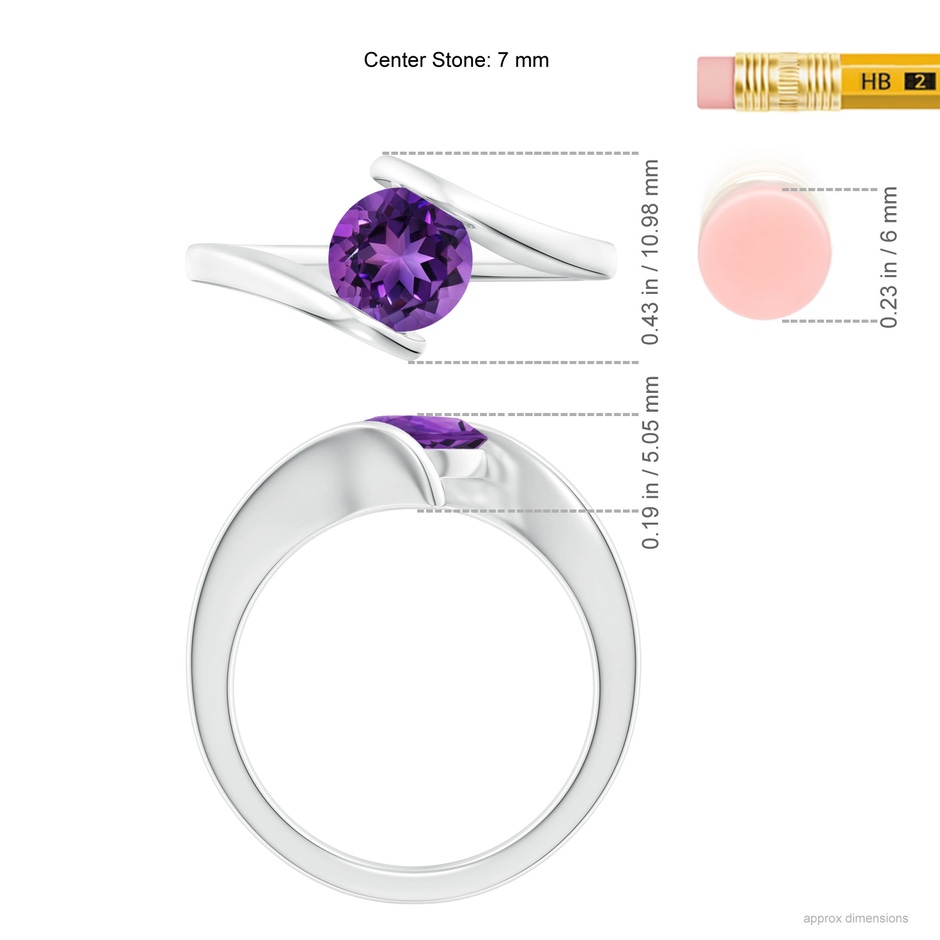 7mm AAAA Bar-Set Solitaire Round Amethyst Bypass Ring in White Gold ruler