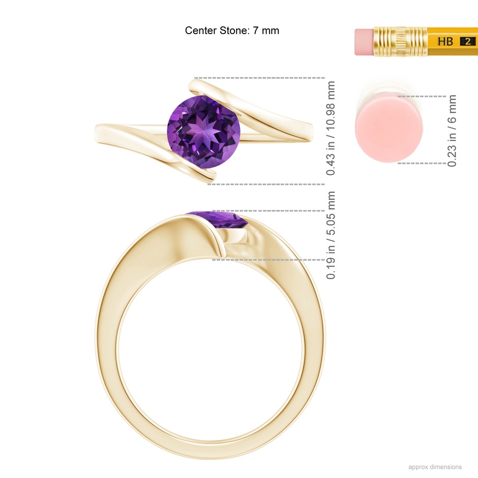 7mm AAAA Bar-Set Solitaire Round Amethyst Bypass Ring in Yellow Gold ruler