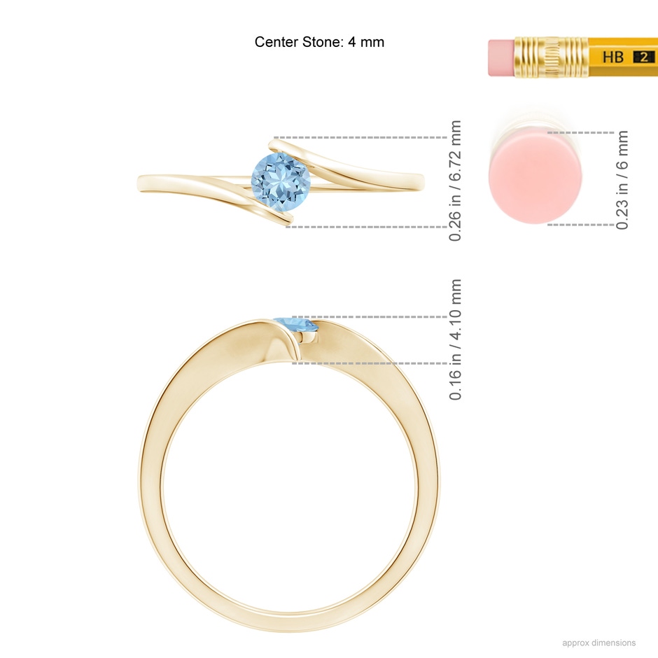 4mm AAA Bar-Set Solitaire Round Aquamarine Bypass Ring in Yellow Gold ruler