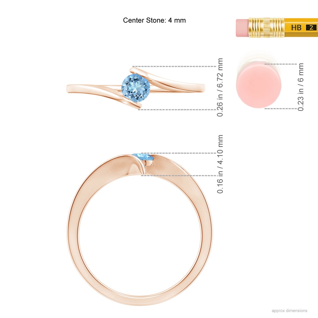 4mm AAAA Bar-Set Solitaire Round Aquamarine Bypass Ring in Rose Gold Ruler