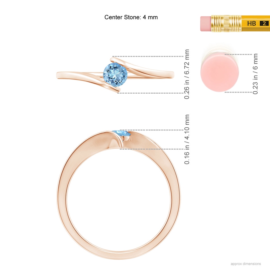 4mm AAAA Bar-Set Solitaire Round Aquamarine Bypass Ring in Rose Gold ruler