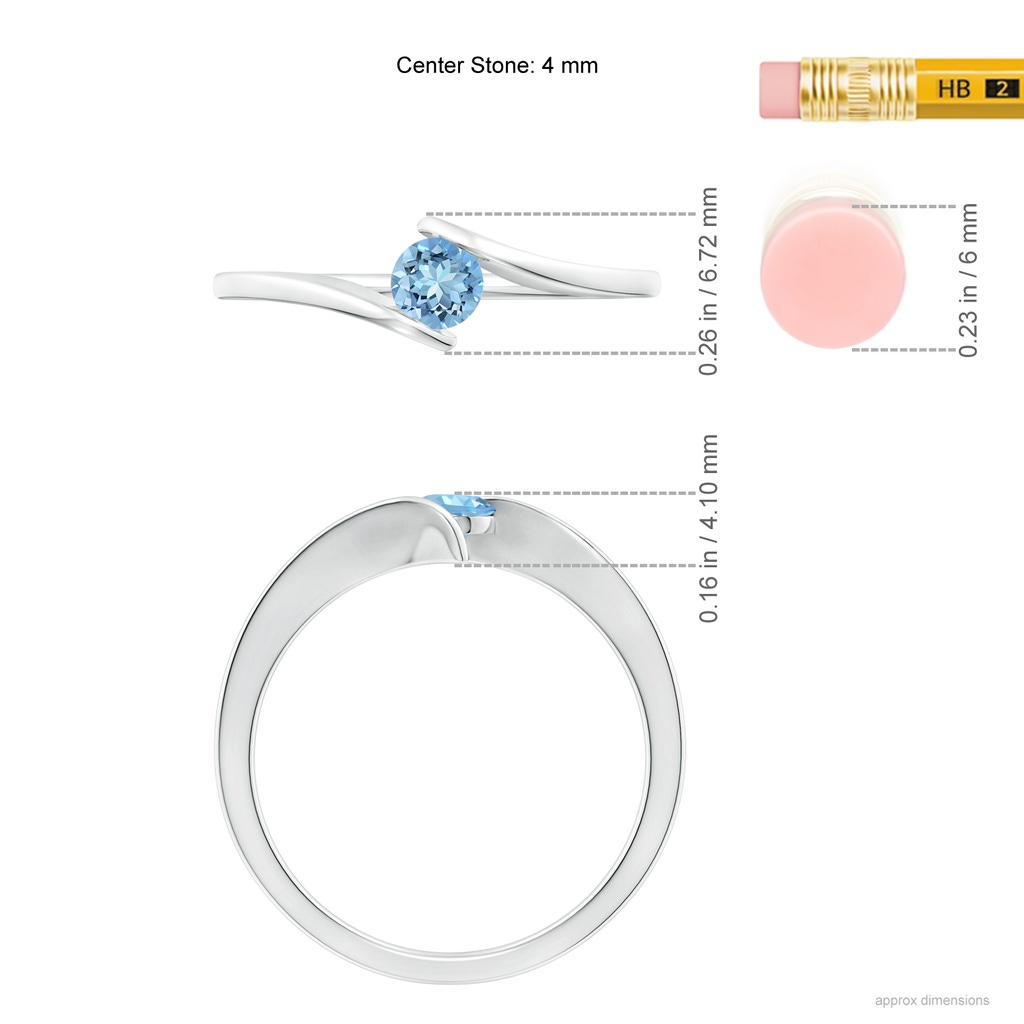 4mm AAAA Bar-Set Solitaire Round Aquamarine Bypass Ring in S999 Silver Ruler