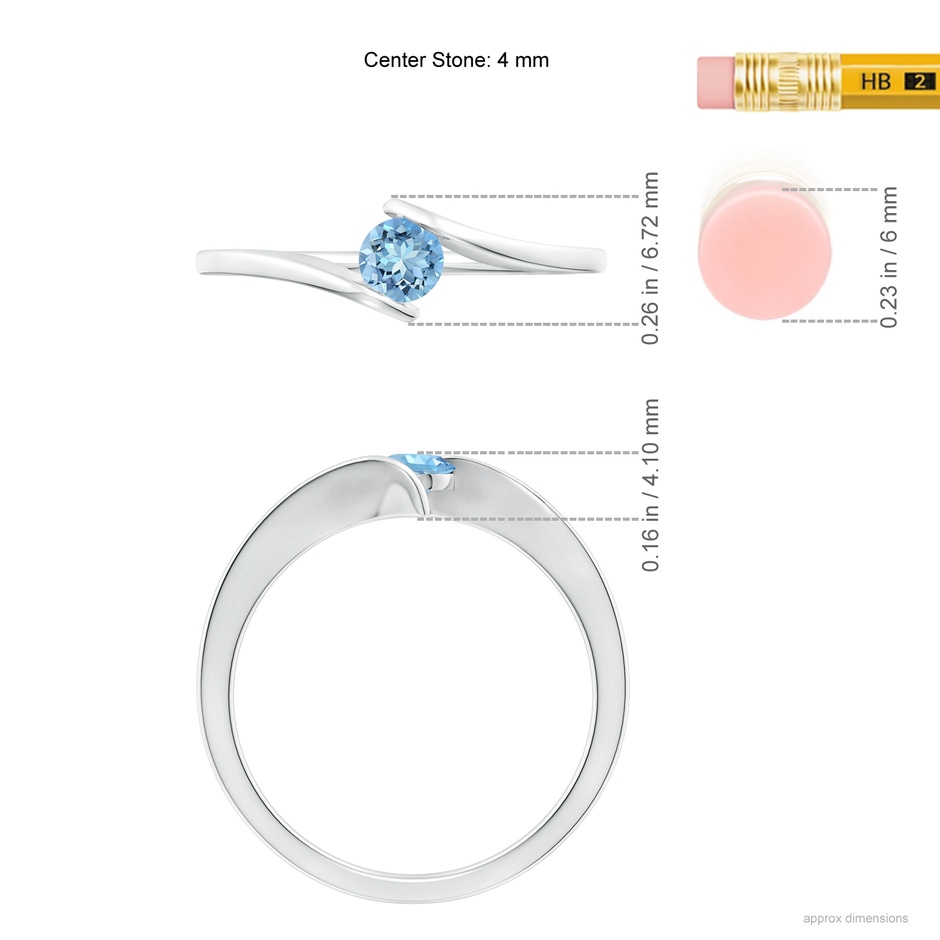 4mm AAAA Bar-Set Solitaire Round Aquamarine Bypass Ring in S999 Silver ruler