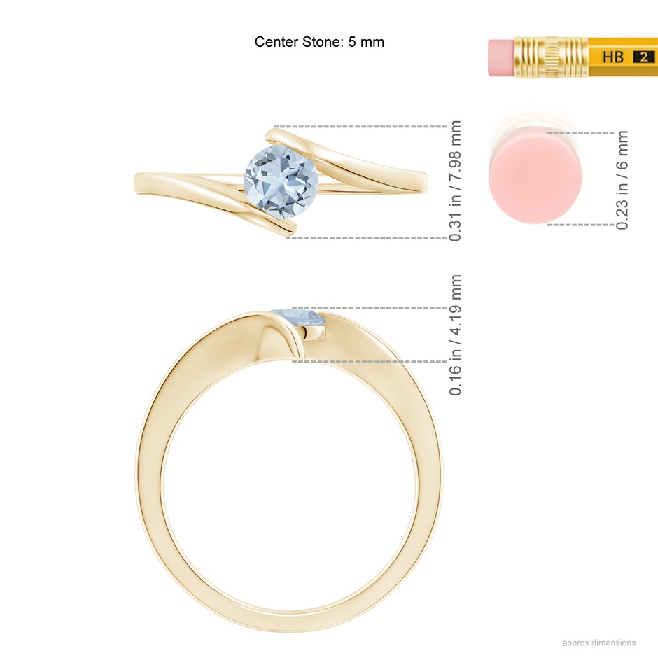 5mm A Bar-Set Solitaire Round Aquamarine Bypass Ring in Yellow Gold ruler