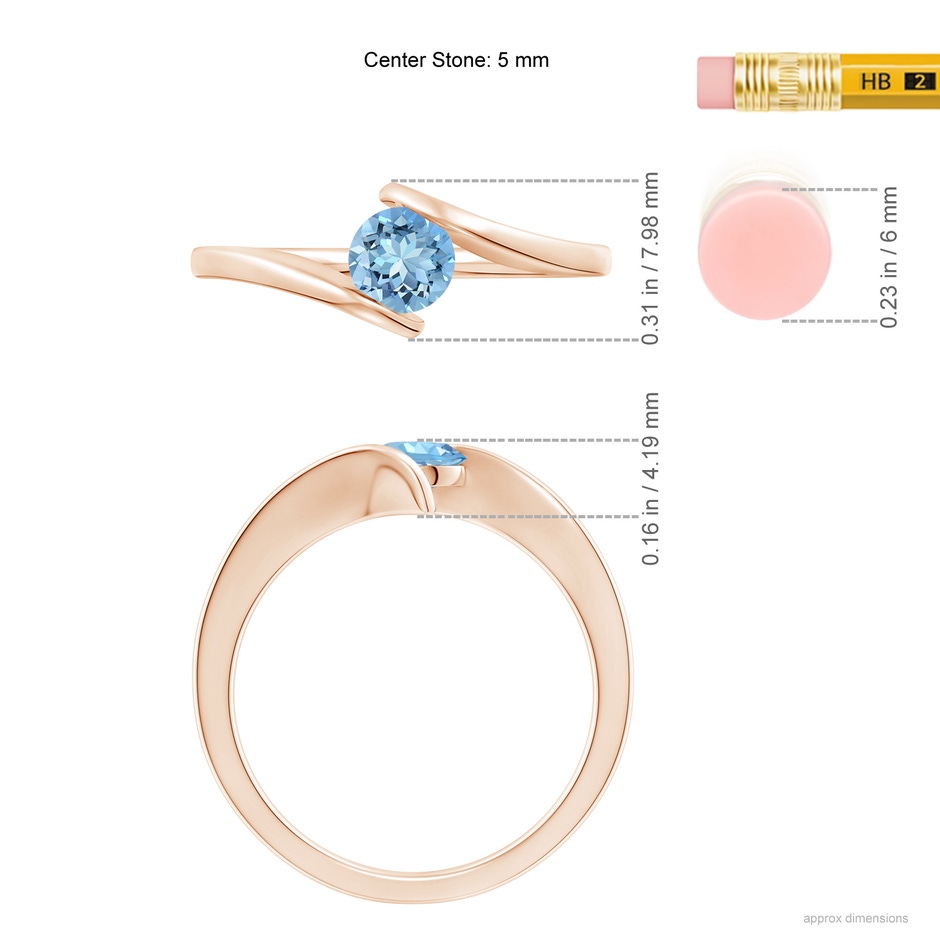 5mm AAAA Bar-Set Solitaire Round Aquamarine Bypass Ring in Rose Gold ruler