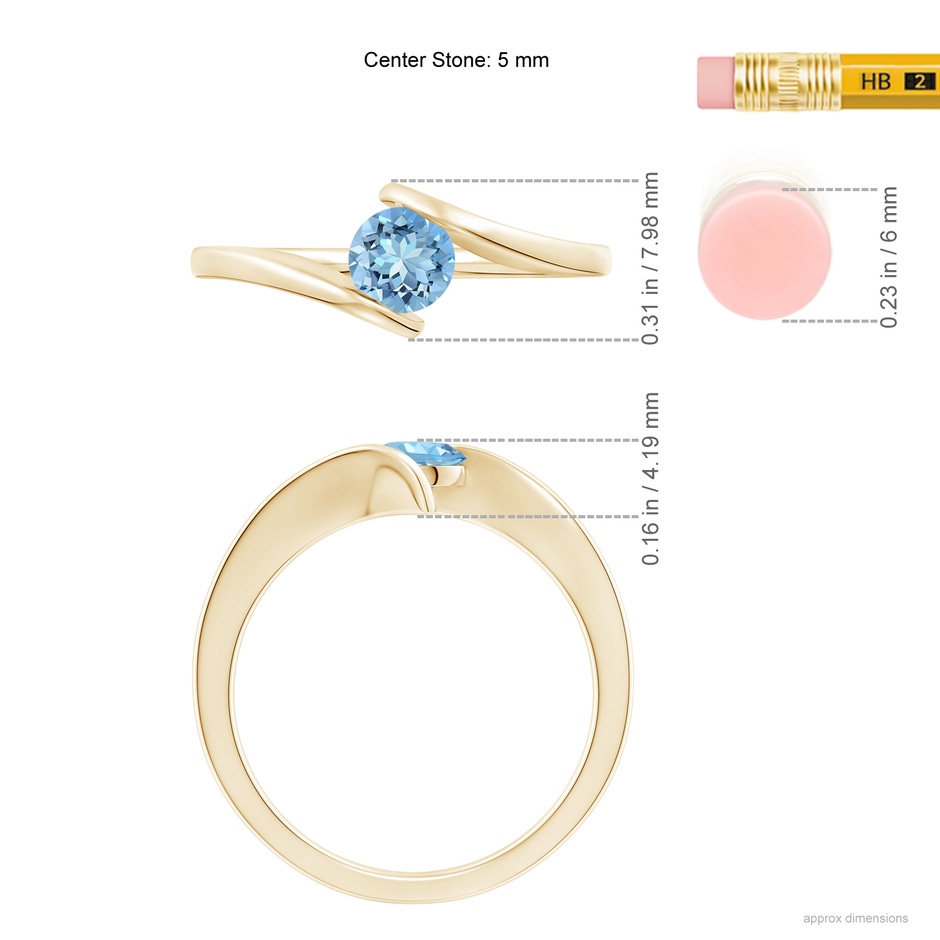 5mm AAAA Bar-Set Solitaire Round Aquamarine Bypass Ring in Yellow Gold ruler