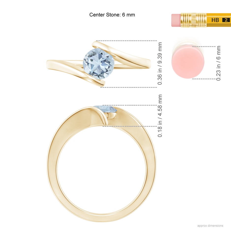 6mm A Bar-Set Solitaire Round Aquamarine Bypass Ring in 18K Yellow Gold ruler