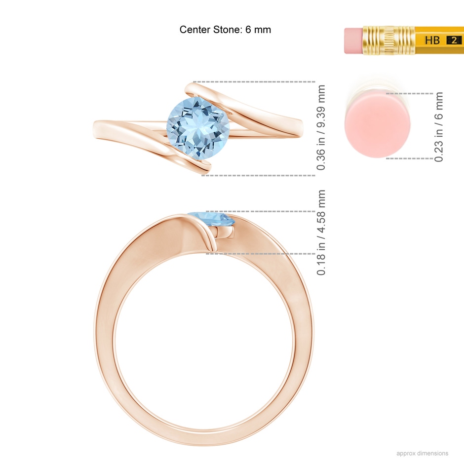 6mm AAA Bar-Set Solitaire Round Aquamarine Bypass Ring in Rose Gold ruler