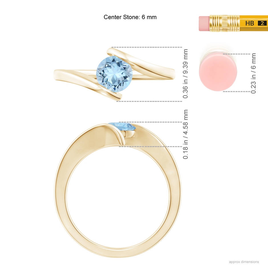 6mm AAA Bar-Set Solitaire Round Aquamarine Bypass Ring in Yellow Gold ruler