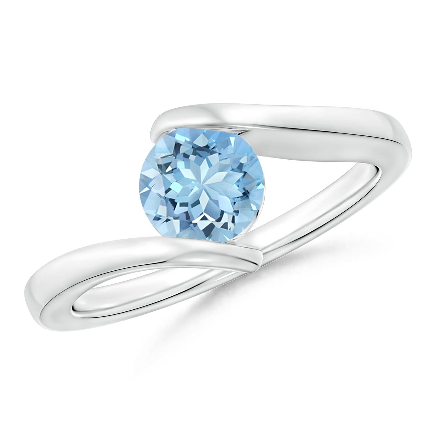 6mm AAAA Bar-Set Solitaire Round Aquamarine Bypass Ring in 18K White Gold
