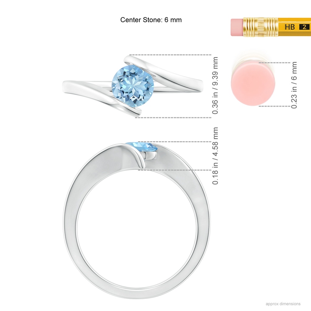 6mm AAAA Bar-Set Solitaire Round Aquamarine Bypass Ring in P950 Platinum Ruler
